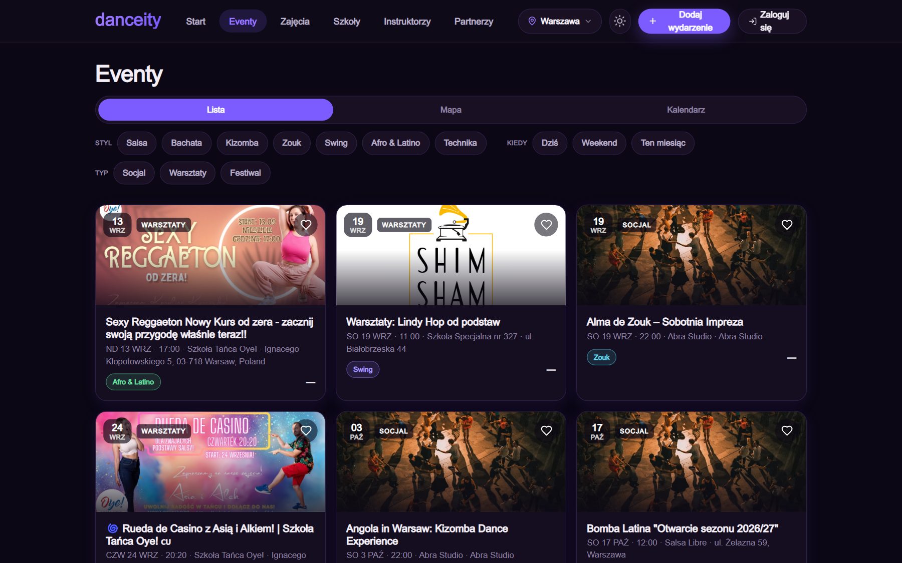 Danceity: lista wydarzeń tanecznych
