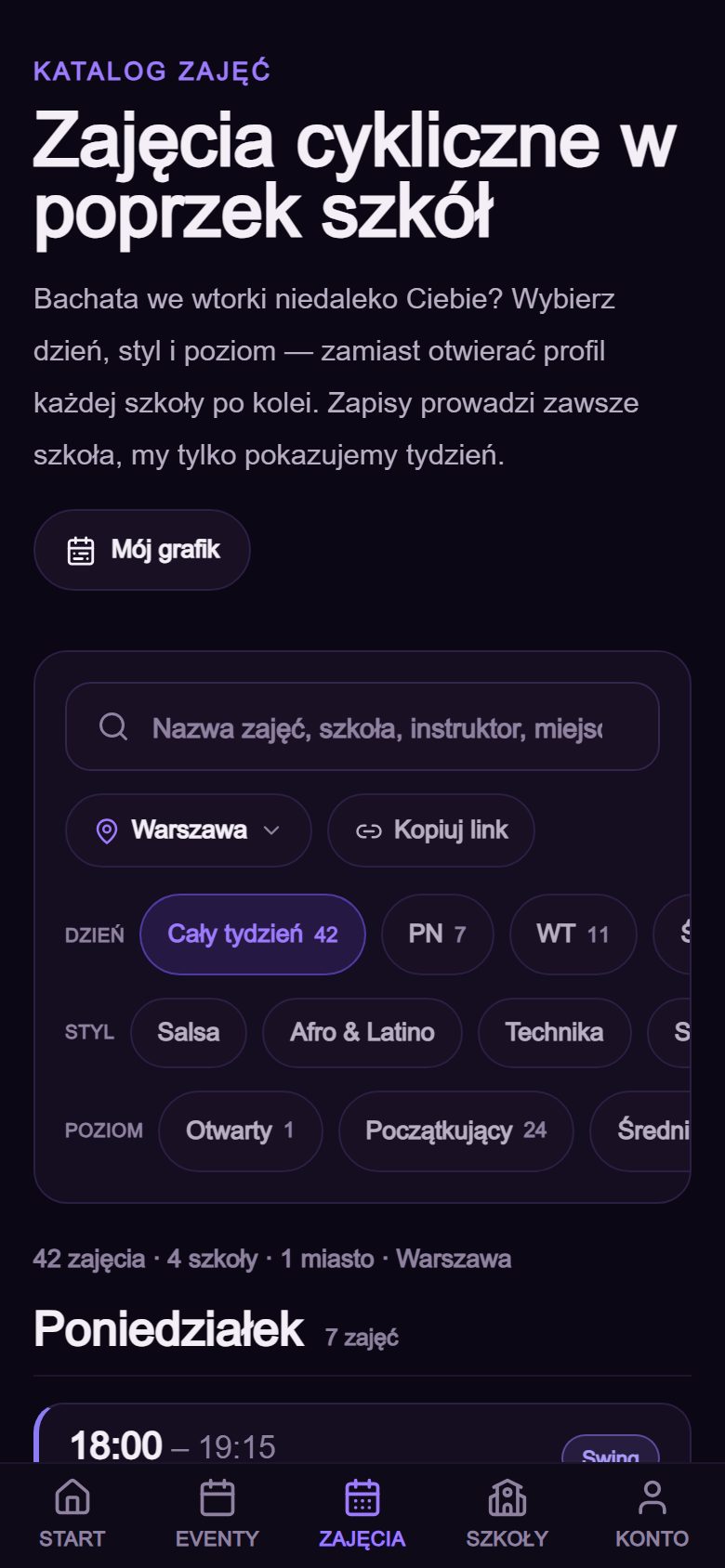 Katalog zajęć Danceity z filtrami dnia, stylu i poziomu oraz liczbą zajęć w tygodniu
