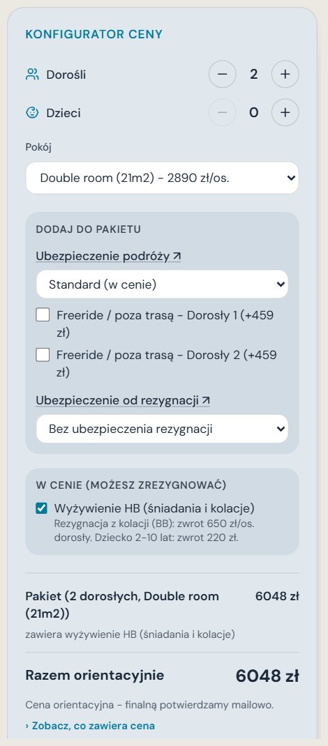 Konfigurator ceny w karcie wyjazdu QC Travel: dorośli, dzieci, pokój, ubezpieczenie, wyżywienie i suma