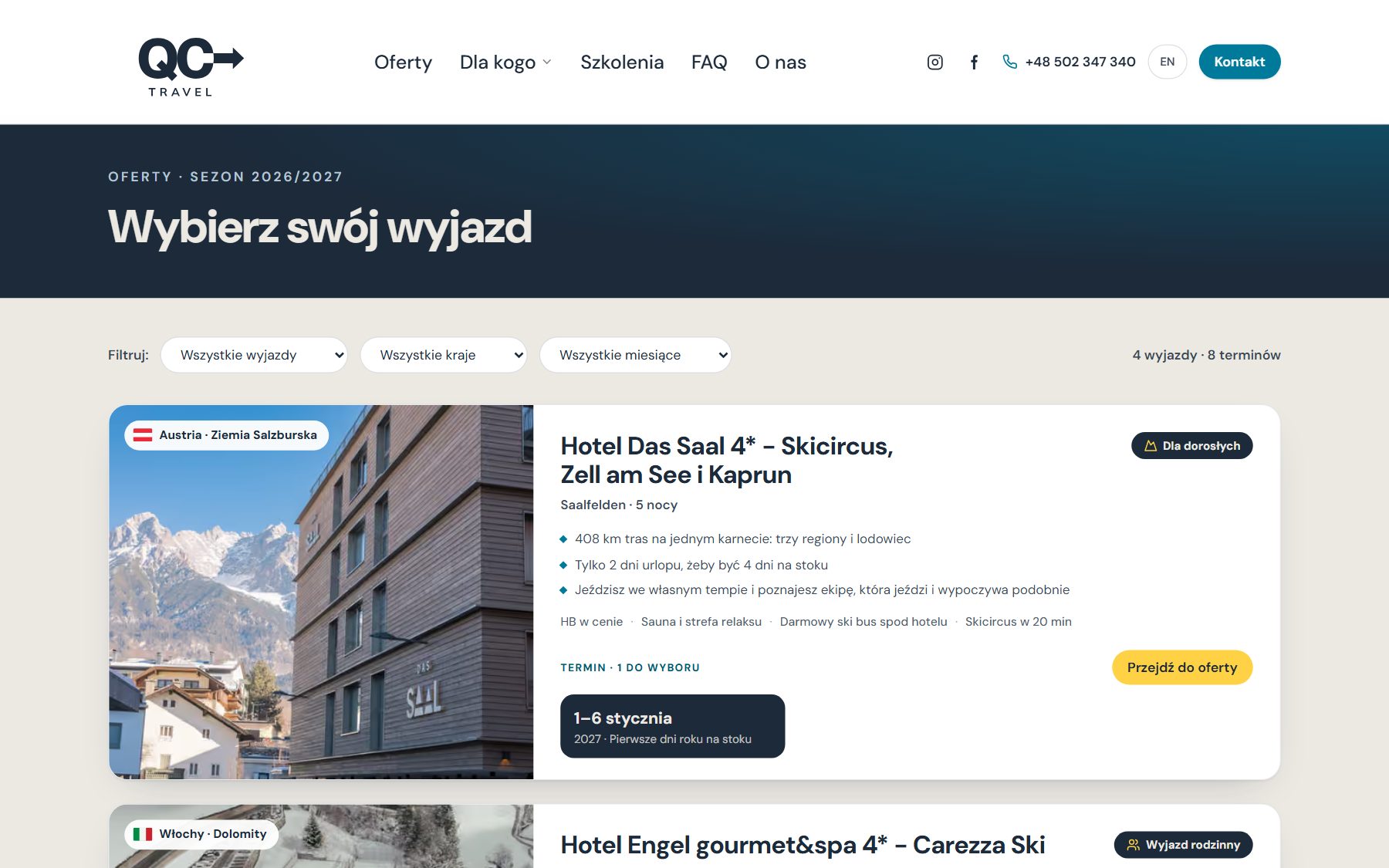 QC Travel: lista wyjazdów z filtrami i terminami